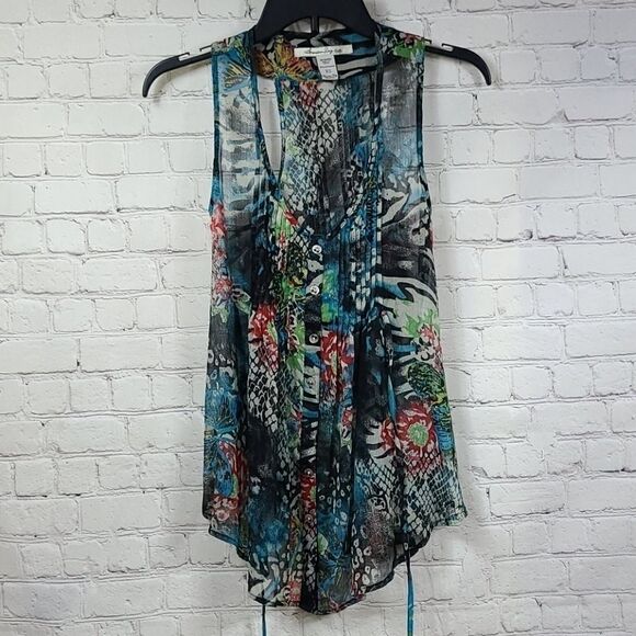 American Rag Mixed Animal Print Sheer Chiffon Pleated Top XS Sleeveless Blouse - Picture 4 of 12